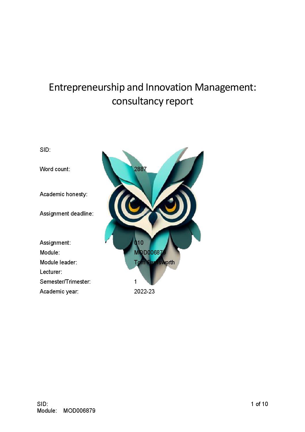 Entrepreneurship and Innovation Management consultancy report